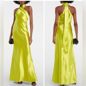 GALVAN London Pandora halterneck satin maxi dress lime yellow NWT size 6 US
